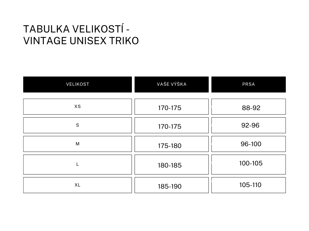 tabulka velikostí - vintage triko
